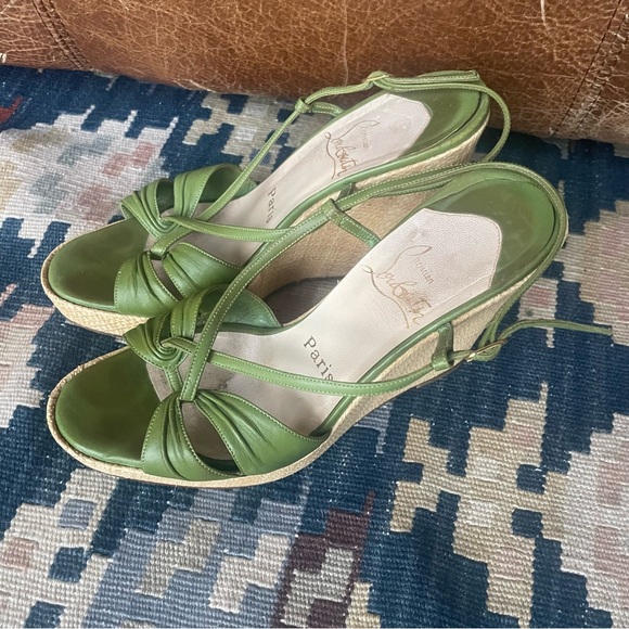 Christian Louboutin Green Leather Strappy Wicker Wedge Sandals Size 37 - Picture 5 of 12